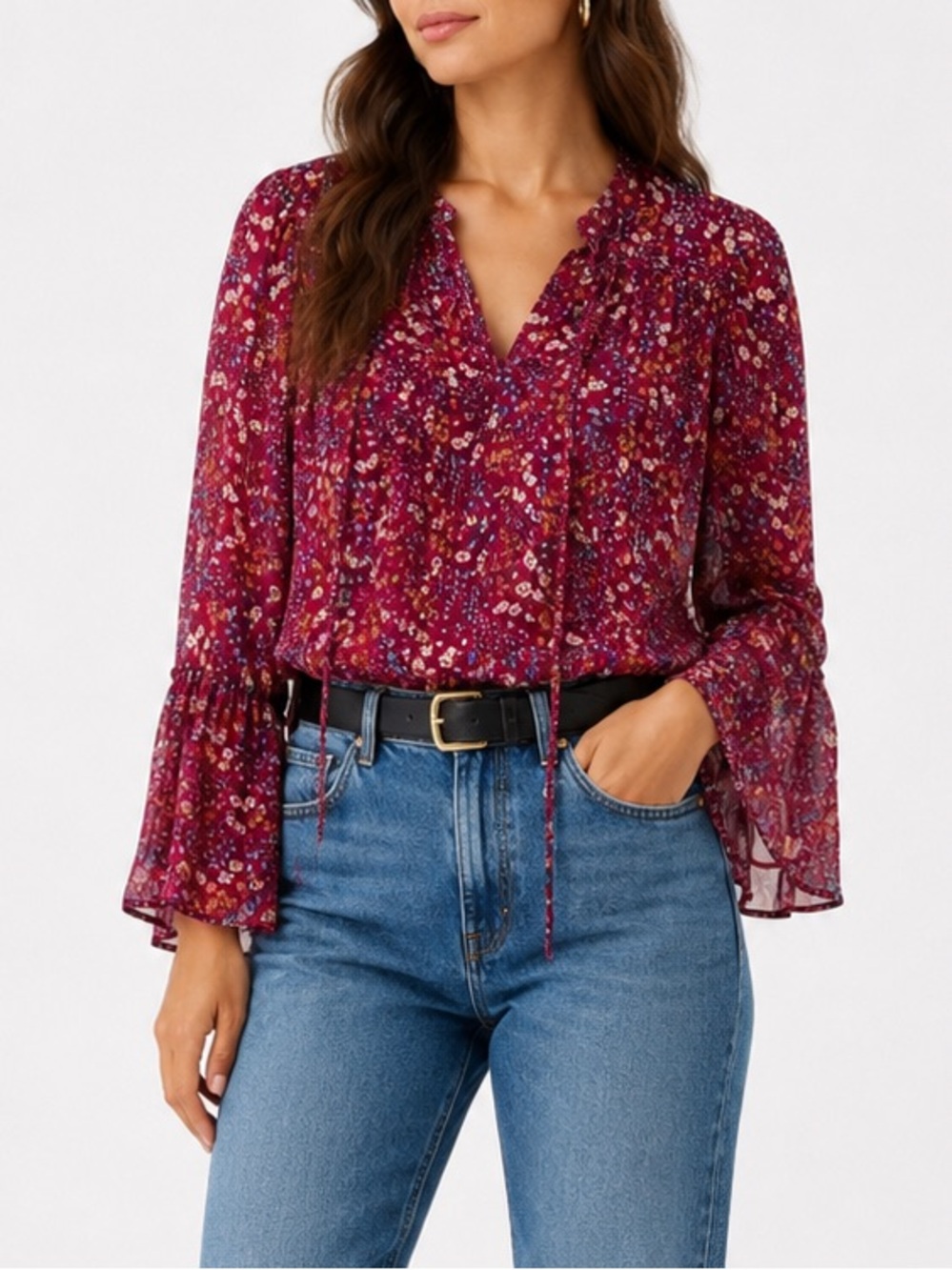 Sabina Musáyev Floral Burgundy Bell Sleeve Top Wens Size‎ Small